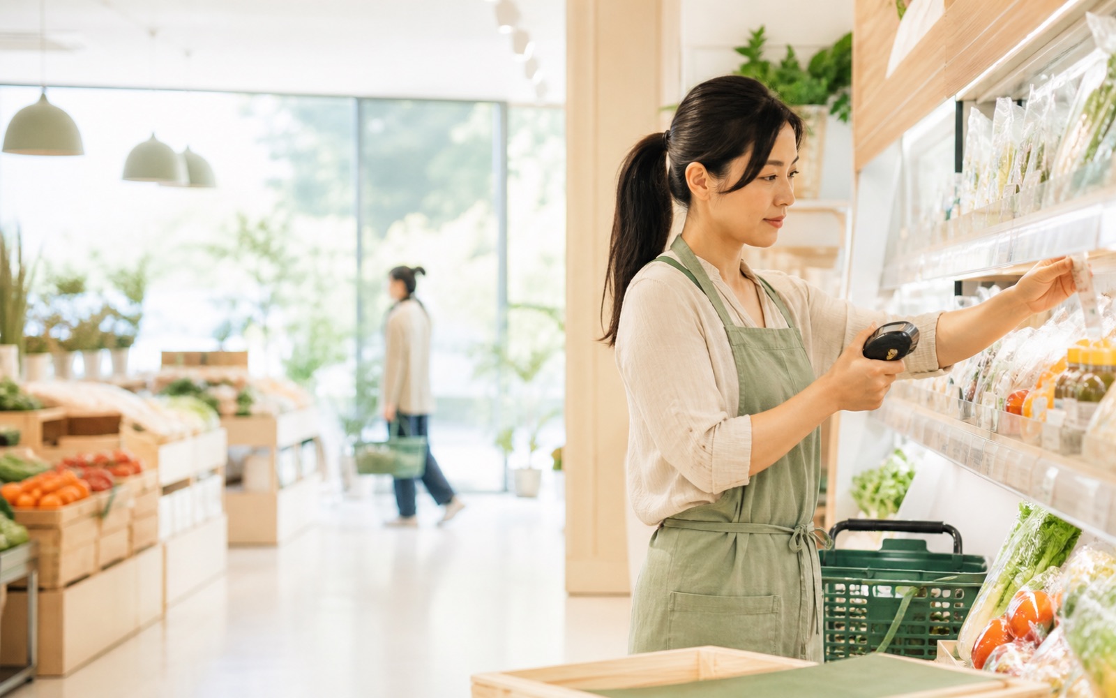 门店员工进行货架陈列检查和现场扫码
